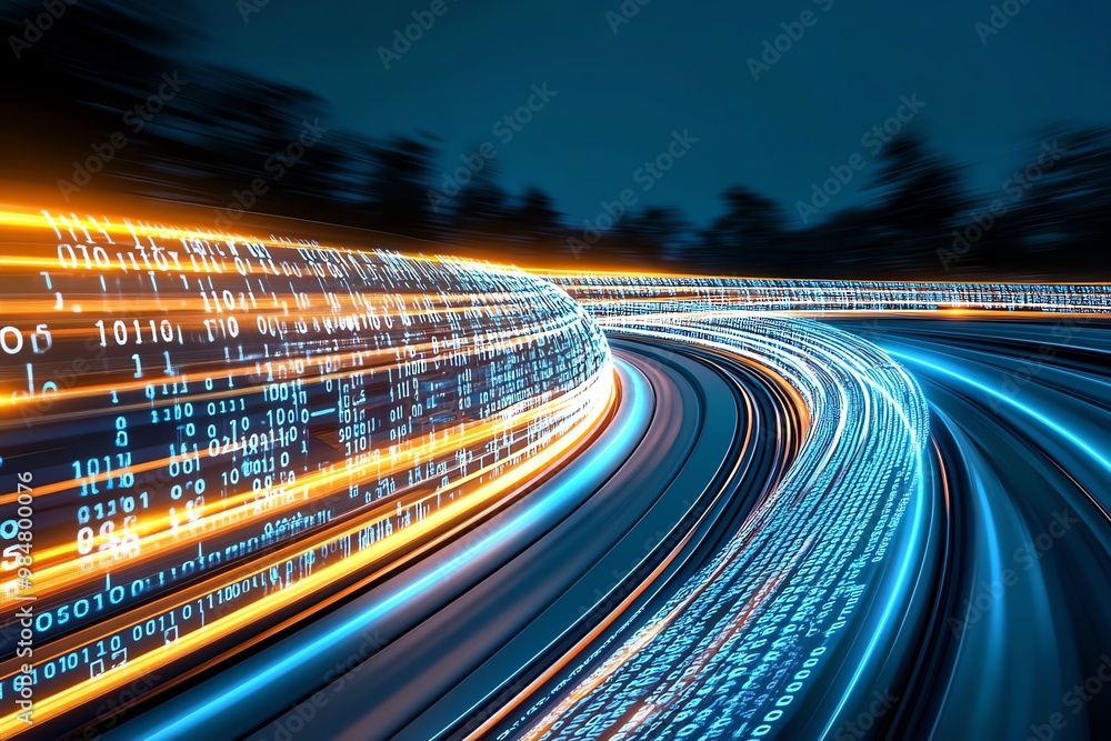 Fototapete business analytics in motion, with dynamic, glowing lines representing the flow of data in real-time