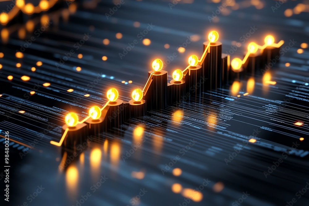 Aufkleber business analytics line graph, showing an upward trend with glowing points along the data curve