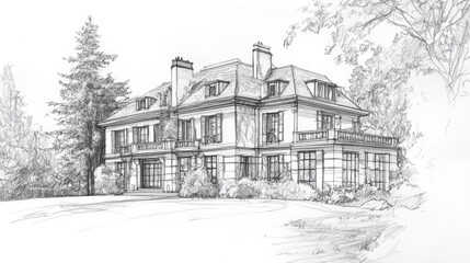 Hand-drawn sketch of a large, luxurious house with a classic, French style.