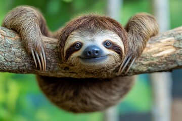 Fototapeta premium A lazy sloth hanging from a tree branch, with a relaxed expression and slow, deliberate movements