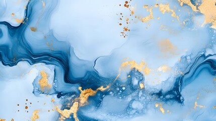 Abstract blue and gold marble background, liquid watercolor effect, soft flowing textures with splashes of metallic silver glitter on a dark gray backdrop.