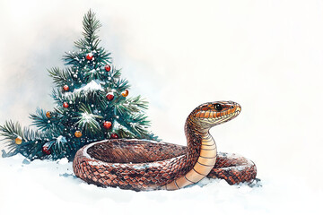 Fototapeta premium Watercolor Snake Coiled in Snow beside Christmas Tree, Festive Holiday Illustration with Copy Space 