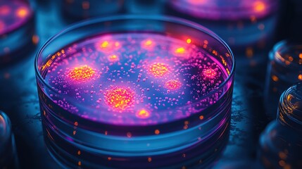 Highdetail microscopic view of bacteria in a petri dish, vibrant colors with neon lighting