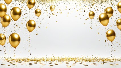 A festive scene featuring golden balloons and confetti against a white background, ideal for celebrations.