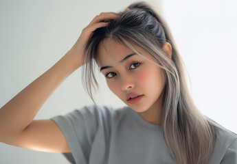 Fototapeta premium A young woman with long hair playfully tousles her locks in a serene indoor setting filled with soft, natural light during the day