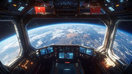 A space station orbiting Earth. The interior is equipped for living and working