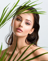 Naklejka premium Young beautiful woman with healthy skin of face and palm leaves. Closeup fresh face of an attractive caucasian girl with green plants. Model with bright brown eye makeup. Skin care concept.