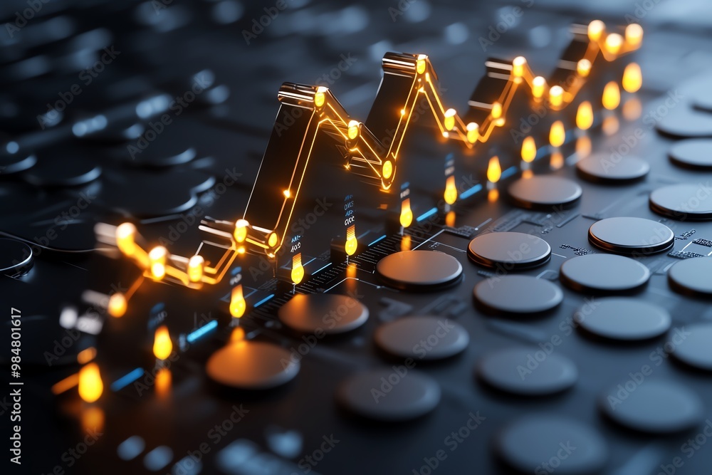 Poster Business analytics line graph, showing an upward trend with glowing points along the data curve