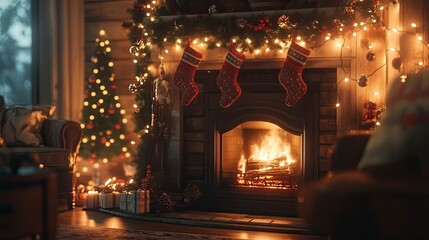Obraz premium A cozy fireplace with stockings hung neatly above, pine garlands wrapped around the mantle, and glowing holiday lights in the room.