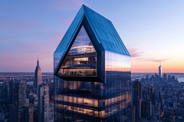 A modern glass skyscraper reflecting the city skyline, showcasing sleek and futuristic architecture