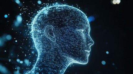 Digital human head with binary code and blue glow on dark background.