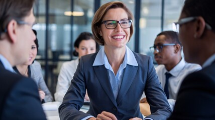 Businesswoman Leading a Meeting. A confident businesswoman addresses a group of colleagues in a well-lit office setting, conveying a sense of professionalism and leadership.