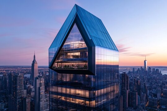A modern glass skyscraper reflecting the city skyline, showcasing sleek and futuristic architecture