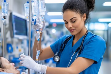 A nurse administering medication to a patient, using an IV drip in a hospital setting
