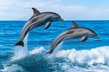 Naklejka premium A pair of dolphins jumping out of the ocean, captured mid-air with the waves crashing below them