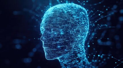 A digital human head constructed of glowing lines and dots against a blue background.
