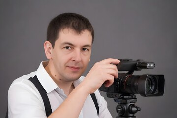 Fototapeta premium Portrait of a videographer holding a video camera on a tripod