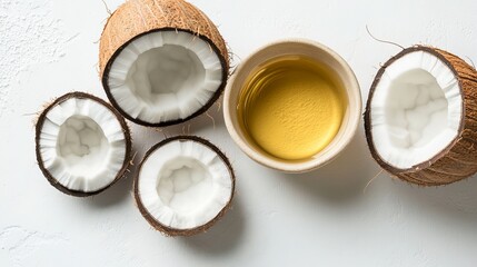 A bowl of coconut oil sits next to halved coconuts on a white surface.