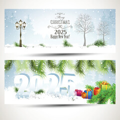 2025 Happy New Year Winter Banners Vector & Merry Christmas Celebration Illustration Collection for Greeting Cards, Posters, Flyers, Social Media, Website, and Print Design Projects happy, new year
