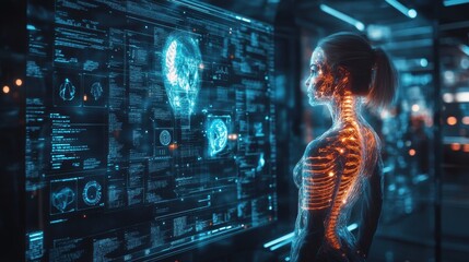 Fototapeta premium Captivating Woman with Transparent Display in Futuristic Space