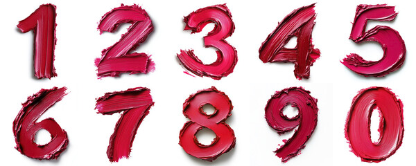set of red lipstick brush stroke numbers: 1, 2, 3, 4, 5, 6, 7, 8, 9, 0. isolated on white background