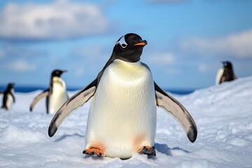 Fototapeta premium A penguin sliding down an icy slope, surrounded by snow and other penguins waddling in the distance