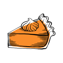 Pumpkin pie slice drawing, vector outline illustration, engraving, black line and orange stain, sketch style, isolated on a white background