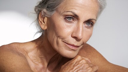 This captivating portrait showcases a woman in her mature years, exuding an aura of timeless elegance and poise. Her fair skin glistens with a subtle sheen, hinting at a life well-lived. 