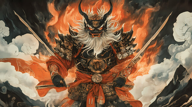 Fearsome japanese demon king wielding ornate crimson robes and powerful weapons in dramatic yamato-e style painting with ominous volcanic landscape. Yokai. Illustration