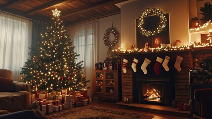 A cozy living room with a fully decorated Christmas tree, stockings hung above the fireplace, and fairy lights twinkling throughout.
