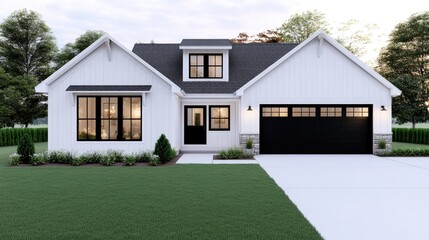 Obraz premium A charming farmhouse showcases its traditional architecture with black windows and a grand front door, complemented by lush green hedges in the background