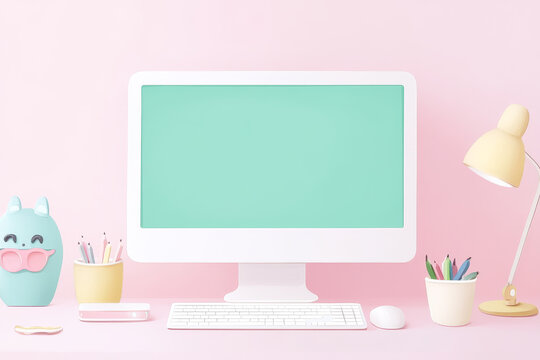 A vibrant pastel workspace featuring a computer, colorful stationery, and a playful decor for inspiration and creativity.