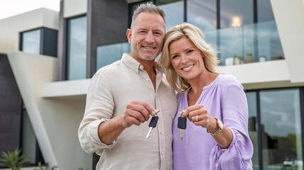 Obraz premium A smiling mature couple embraces in front of a modern luxury home with a pool. The serene outdoor setting reflects a lifestyle of comfort, success, and happiness, perfect for depicting love.