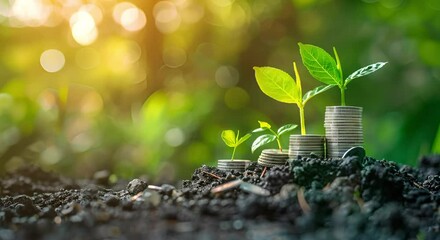 Coins stacked beside young plants on soil, concept of financial growth and investment.