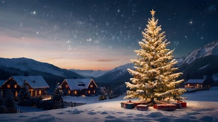 Christmas in a winter landscape with a central Christmas tree, surrounded by beautiful wooden houses adorned for the holiday season