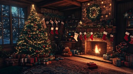 A cozy living room with a fully decorated Christmas tree, stockings hung above the fireplace, and fairy lights twinkling throughout.