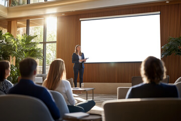 Professional Business Presentation in Bright, Spacious Conference Room with Natural Light and Engaged Audience 