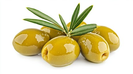 Green olives with leaves, looking tasty, on a plain white background.