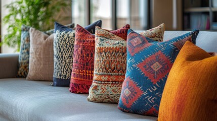 Colorful Patterned Pillows on Modern Sofa