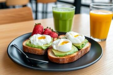 A table set for brunch, with avocado toast, poached eggs, and fresh juice served in a cozy cafÃ©