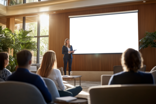 Professional Business Presentation in Bright, Spacious Conference Room with Natural Light and Engaged Audience 
