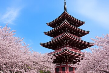 A traditional Japanese pagoda, surrounded by cherry blossom trees, highlighting its cultural and architectural significance