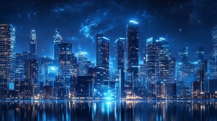 Modern skyscrapers, shimmering blue against the night sky, create a stunning view of a futuristic downtown. These successful buildings represent the power of modern architecture.