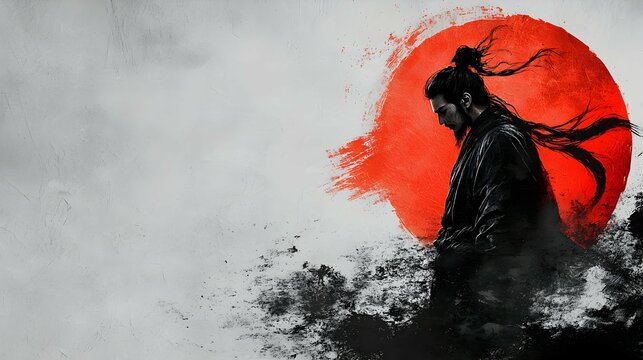 Japanese Samurai Warrior Silhouette with Red Sun Artwork