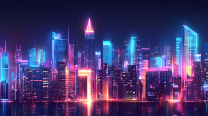 Futuristic financial district skyline, neon lights symbolizing business growth and innovation. Neon District. Illustration