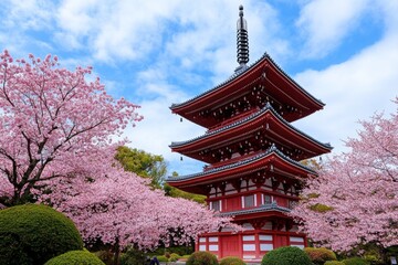 Fototapeta premium A traditional Japanese pagoda, surrounded by cherry blossom trees, highlighting its cultural and architectural significance