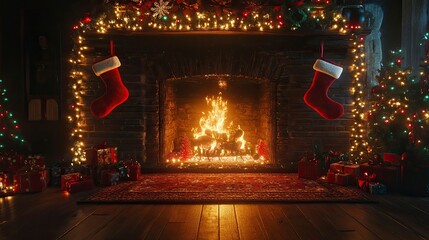 Obraz premium A crackling fireplace surrounded by holiday lights, garlands, and stockings, creating a warm and festive atmosphere.