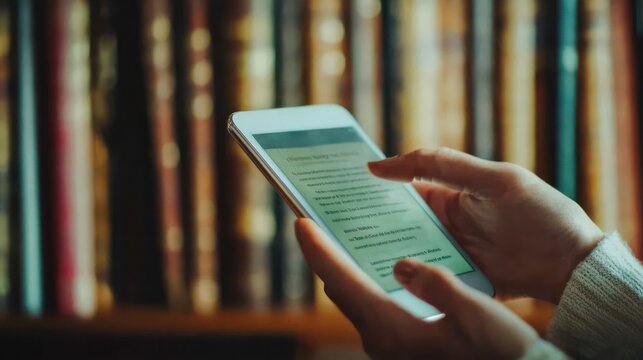 Reading app, showing a person using a mobile or tablet to access digital books