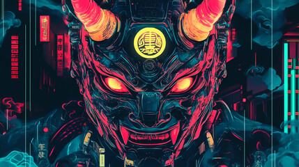 Futuristic oni mask fusion art blends traditional japanese demon mythology with neon-lit cyberpunk elements, intricate. Yokai. Illustration