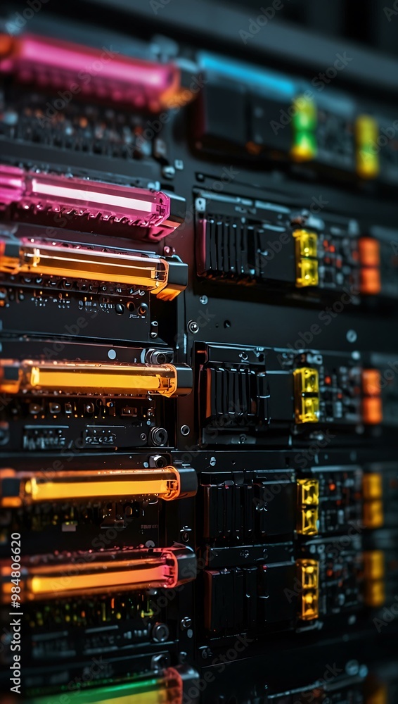 Poster close-up of high-tech server hardware with colorful led lights